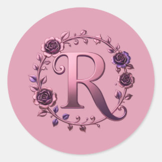 モダン メタリック ローズマリング レター R, ピンク/パープル ラウンドシール