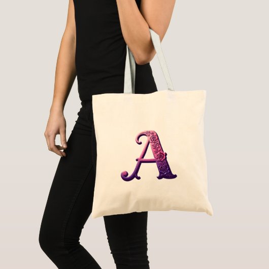 モダン メタリック ローズメーランギング Letter A ピンク/パープル トートバッグ (正面(商品))