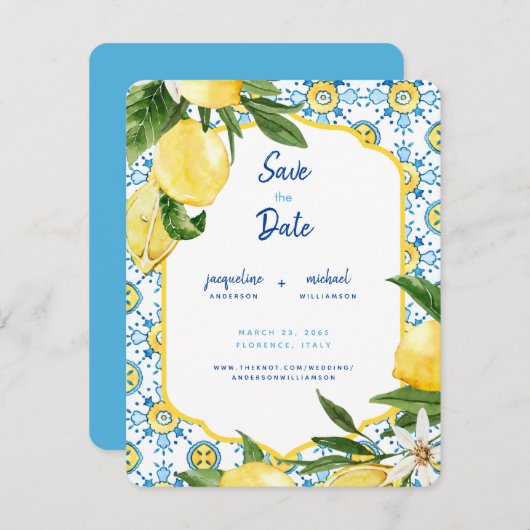 モダン メディテレーニアンブルー＆レモン Save the Date 招待状 (正面/裏面)