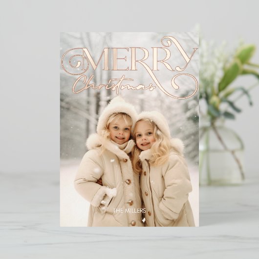 モダン メリークリスマス エレガント 1 フォト タイポグラフィ 箔シーズンカード (立ち正面)