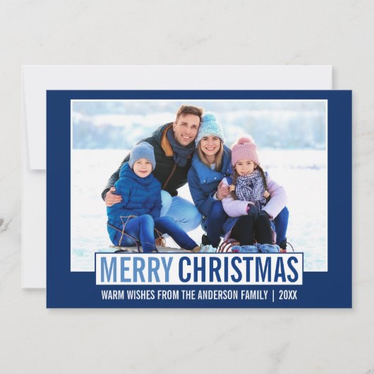 モダン メリークリスマス ファミリーフォト ブルー シーズンカード (正面)