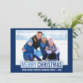モダン メリークリスマス ファミリーフォト ブルー シーズンカード (スタンド正面)