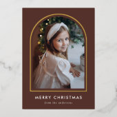 モダン メリークリスマス ブラウンアーチ 写真入り 箔シーズンカード (正面)