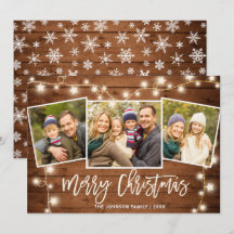 モダン メリークリスマス ラスティック 3 フォト グリーティング