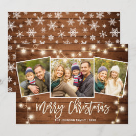 モダン メリークリスマス ラスティック 3 フォト グリーティング シーズンカード