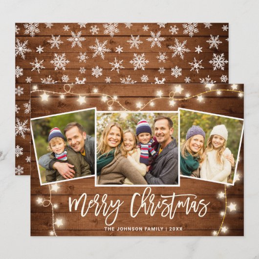 モダン メリークリスマス ラスティック 3 フォト グリーティング シーズンカード (正面/裏面)