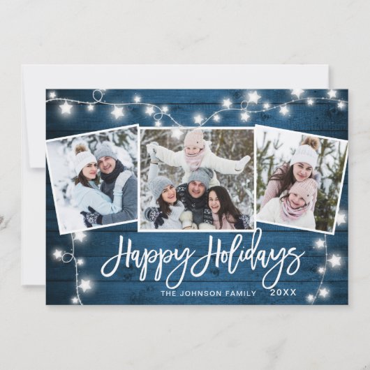 モダン メリークリスマス ラスティック 3 フォト グリーティング シーズンカード (正面)