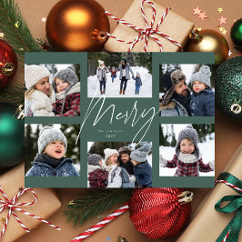 モダン・メリー・スクリプト・セージ6枚の写真のクリスマスコラージュ シーズンカード