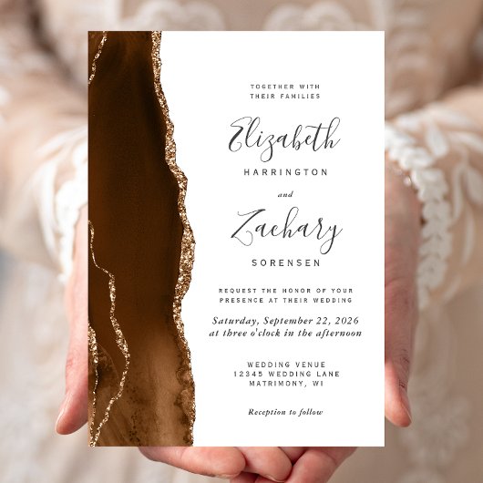 モダン モカ ブラウン ゴールド アゲート ウェディング 招待状