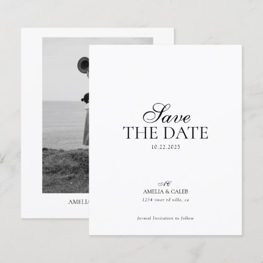 モダン・モノグラムのフォト結婚式Save the Date (正面/裏面)