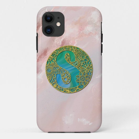 モダン モノグラムイニシャル ゴールドレター ターコイズ Case-Mate iPhoneケース (裏面)