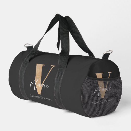モダン モノグラムイニシャル V & 名前 名入れ ダッフルバッグ (右コーナー)