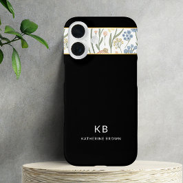 モダン モノグラム かわいい 黒の花柄  iPhone 16ケース