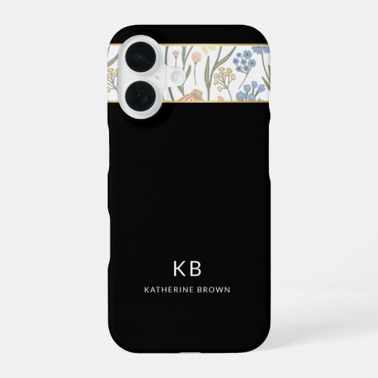 モダン モノグラム かわいい 黒の花柄  iPhone 16ケース (裏面)
