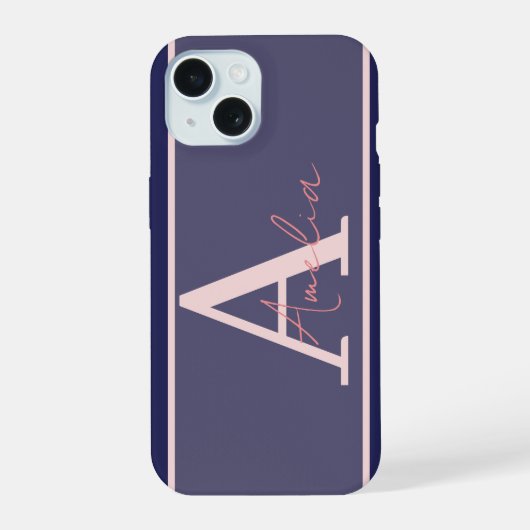 モダン モノグラム 名前 青 ピンク iPhone 15ケース (裏面)