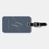 モダン モノグラム 手書き風カリグラフィー ネイビーブルー ゴールド ラゲッジタグ (正面横)
