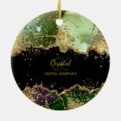 モダン モノグラム 緑 紫 アゲート グリッター セラミックオーナメント (裏面)