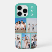 モダン モノグラム 5 枚フォトコラージュ アクアブルー ティール iPhoneケース (裏面)