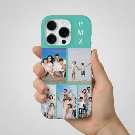 モダン モノグラム 5 枚フォトコラージュ アクアブルー ティール iPhone 16 PROケース