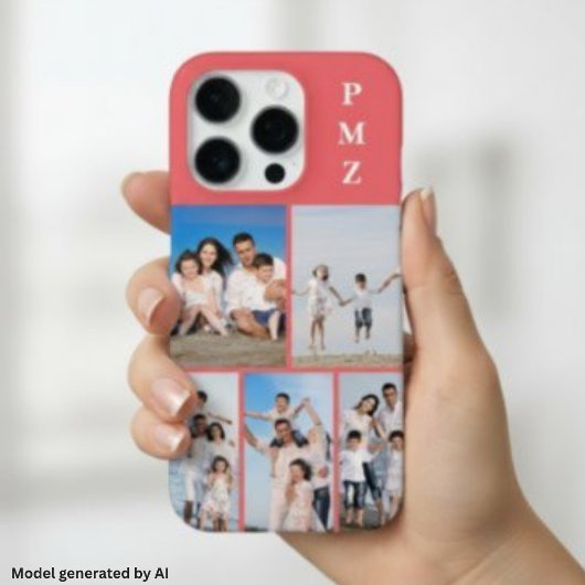 モダン モノグラム 5 枚フォトコラージュ コーラルピンク iPhoneケース