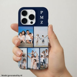 モダン モノグラム 5 枚フォトコラージュ ダークネイビーブルー iPhone 16 PROケース