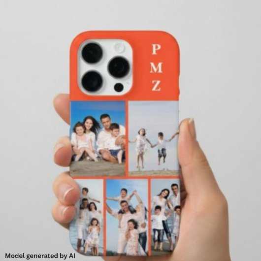 モダン モノグラム 5 枚フォトコラージュ 柿色 オレンジ iPhoneケース