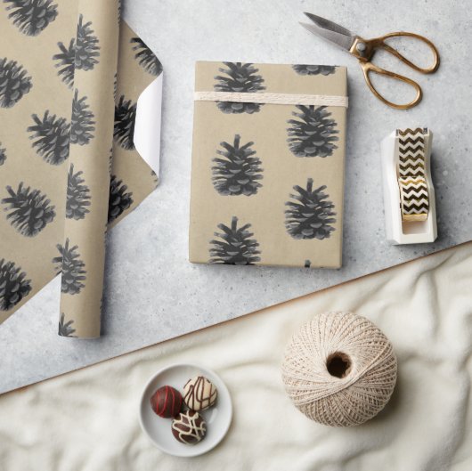 モダン、モミの木、石に黒 ラッピングペーパー (クラフト)