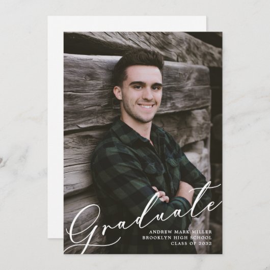 モダン ユニーク スクリプトオーバーレイ 2枚の写真 卒業 案内状 (正面/裏面)