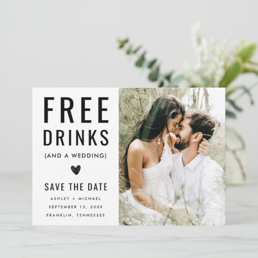 モダン ユーモア ブラック&ホワイト フォト 無料ドリンク セーブザデート (スタンド正面)