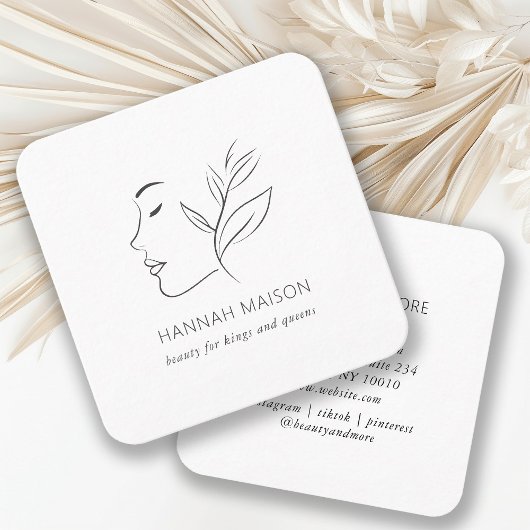 モダン，ラインアート，女性，リーフ，サロン，白 スクエア名刺