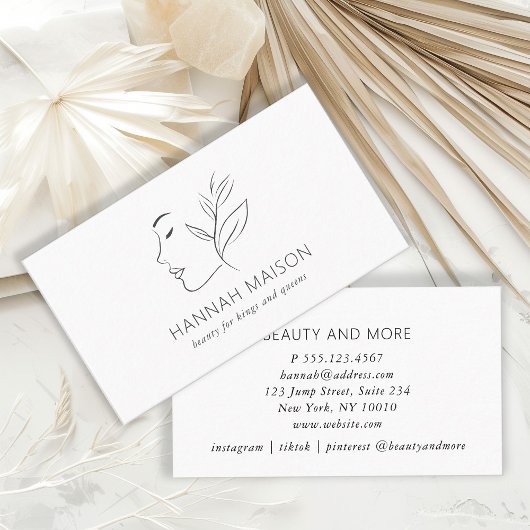 モダン，ラインアート，女性，リーフ，サロン，白 名刺