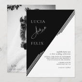 モダン ライン シック ブラック&ホワイト フォト ウェディング 招待状 (正面/裏面)