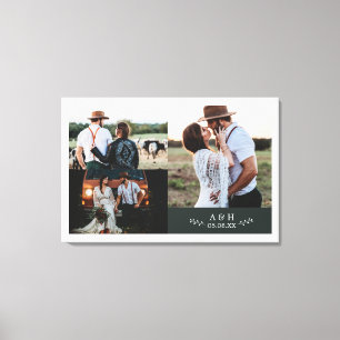 モダン ラスティック ウェディング フォト コラージュ リーフ モノグラム キャンバスプリント