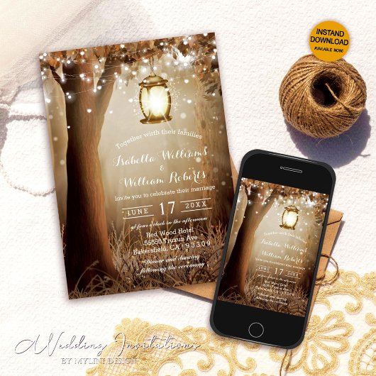 モダン ラスティック カントリー ツリー ストリング ライト ウェディング 招待状