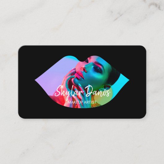 モダン リップフォトフレーム トレンディ メイクアップアーティスト ブラック 名刺 (正面)