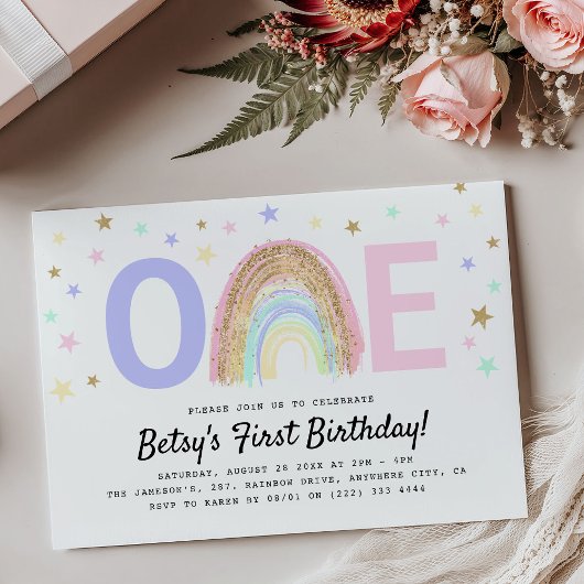 モダン・レインボー&スターズ 'ONE' 1歳の誕生日パーティー 招待状