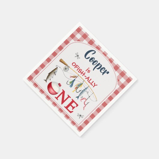 モダン レッド ギンガム オフィシャリー ワン 1歳の誕生日 スタンダードカクテルナプキン (角)