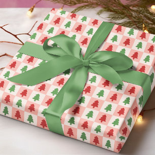 モダン レッド グリーン クリスマスツリー チェッカーパターン ラッピングペーパー