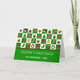 モダン レッド+グリーン クリスマス グリッド カスタム ファミリー カード