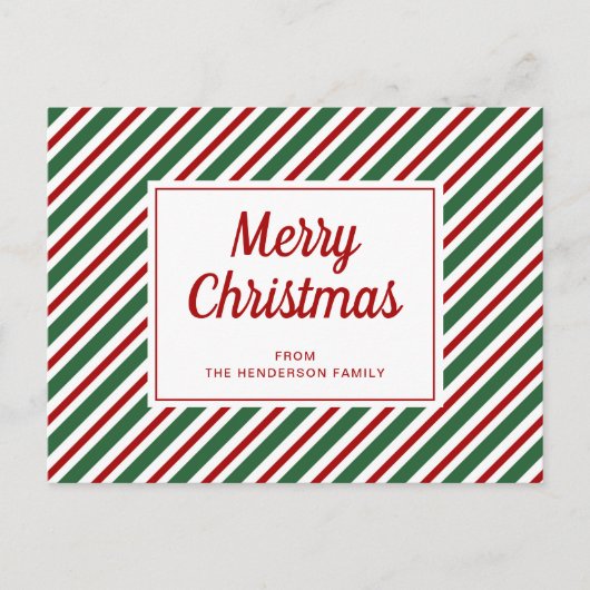 モダン レッド グリーン ストライプ クリスマス ポストカード (正面)