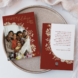 モダン レッド ゴールド フローラル 1 フォト アーチ ホリデー カード