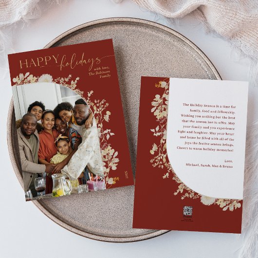 モダン レッド ゴールド フローラル 1 フォト アーチ ホリデー カード