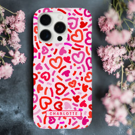 モダン レッド ピンク パープル ロマンティック ハート柄 iPhone 16 PROケース