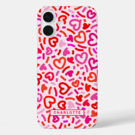 モダン レッド ピンク パープル ロマンティック ラブ ハート柄 iPhone 16 PLUSケース