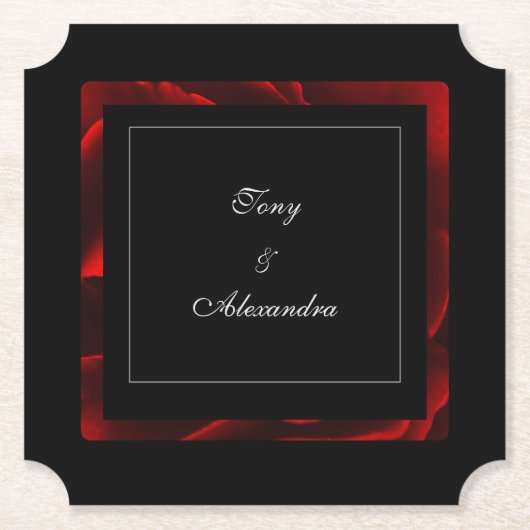 モダン レッド フラワーパターン ブラック＆ホワイト ペーパーコースター (正面)