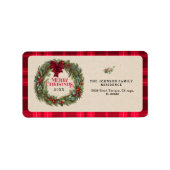 モダン レッド プリント柄 田舎家風 クリスマスリース ラベル (正面)