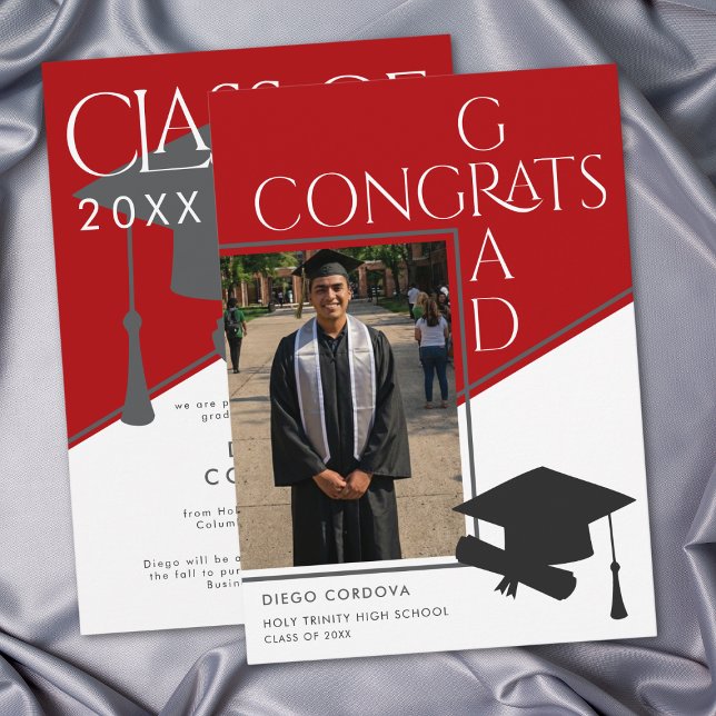 モダン レッド ホワイト ジオメトリック 写真 卒業 (Modern Red White Geometric Photo Graduation)