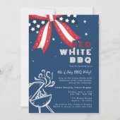 モダン・レッド・ホワイト BBQ 4th of July 愛国パーティー 招待状 (正面)