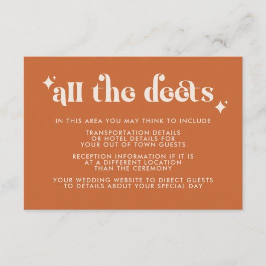 モダン レトロ オレンジ ウェディング 詳細 封入カード エンクロージャーカード (正面)