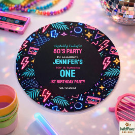モダン・レトロ・ネオン80's 1歳の誕生日パーティー ラウンドシール